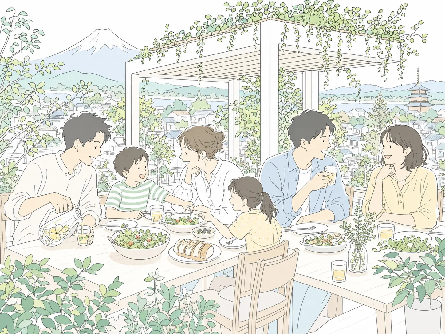 緑豊かなテラスで家族や友人が食卓を囲む未来の暮らしのイラスト